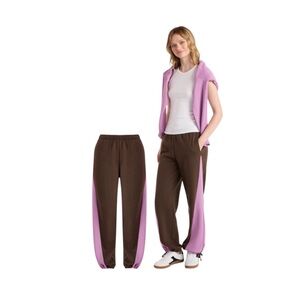 No Boundaries Color Block Brown Joggers with Pink Side Panels